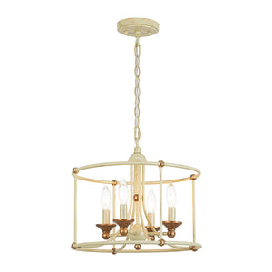 LightFixturesUSA-French Country Distressed Beige Metal Drum Candle Cage Pendant-Chandelier-15.7 in-