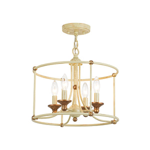 LightFixturesUSA-French Country Distressed Beige Metal Drum Candle Cage Pendant-Chandelier-15.7 in-