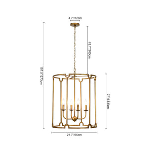LightFixturesUSA-French Country Distressed Gold Candle Style Cylinder Lantern Chandelier-Chandelier-Gold-