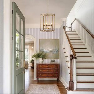 LightFixturesUSA-French Country Distressed Gold Candle Style Cylinder Lantern Chandelier-Chandelier-Gold-