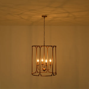 LightFixturesUSA-French Country Distressed Gold Candle Style Cylinder Lantern Chandelier-Chandelier-Gold-