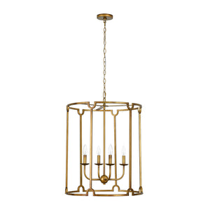 LightFixturesUSA-French Country Distressed Gold Candle Style Cylinder Lantern Chandelier-Chandelier-Gold-