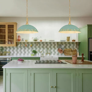 LightFixturesUSA - French Country Distressed Teal Gold Flat Dome Metal Pendant - Pendant Light - 18.5 in (Pre - Order) - 