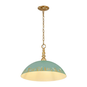 LightFixturesUSA - French Country Distressed Teal Gold Flat Dome Metal Pendant - Pendant Light - 18.5 in (Pre - Order) - 