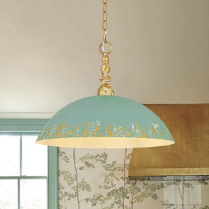 LightFixturesUSA - French Country Distressed Teal Gold Flat Dome Metal Pendant - Pendant Light - 18.5 in (Pre - Order) - 