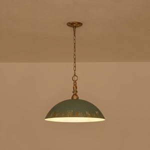 LightFixturesUSA - French Country Distressed Teal Gold Flat Dome Metal Pendant - Pendant Light - 18.5 in (Pre - Order) - 