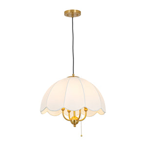 LightFixturesUSA-French Country Flower White Pleated Fabric Scalloped Cage Pendant-Chandelier-Brass-
