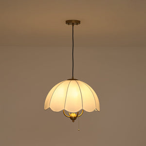 LightFixturesUSA-French Country Flower White Pleated Fabric Scalloped Cage Pendant-Chandelier-Brass-