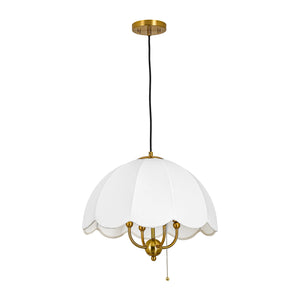 LightFixturesUSA-French Country Flower White Pleated Fabric Scalloped Cage Pendant-Chandelier-Brass-