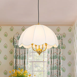 LightFixturesUSA-French Country Flower White Pleated Fabric Scalloped Cage Pendant-Chandelier-Brass-