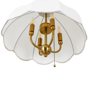 LightFixturesUSA-French Country Flower White Pleated Fabric Scalloped Cage Pendant-Chandelier-Brass-