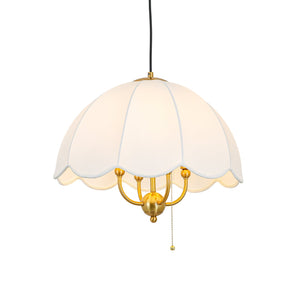 LightFixturesUSA-French Country Flower White Pleated Fabric Scalloped Cage Pendant-Chandelier-Brass-