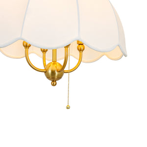 LightFixturesUSA-French Country Flower White Pleated Fabric Scalloped Cage Pendant-Chandelier-Brass-