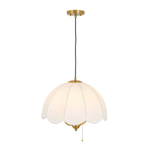LightFixturesUSA-French Country Flower White Pleated Fabric Scalloped Cage Pendant-Chandelier-Brass-