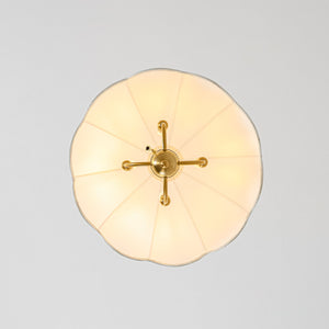 LightFixturesUSA-French Country Flower White Pleated Fabric Scalloped Cage Pendant-Chandelier-Brass-
