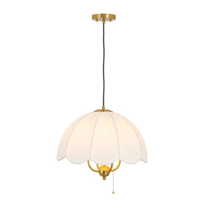 LightFixturesUSA-French Country Flower White Pleated Fabric Scalloped Cage Pendant-Chandelier-Brass-