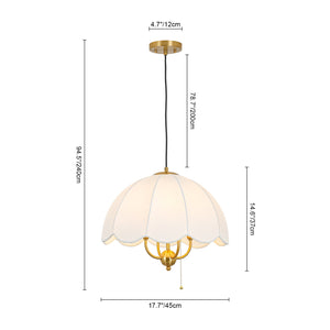LightFixturesUSA-French Country Flower White Pleated Fabric Scalloped Cage Pendant-Chandelier-Brass-