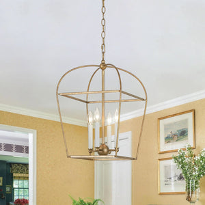 LightFixturesUSA-French Distressed Gold Candle Arch Square Lantern Chandelier-Chandelier-Gold-