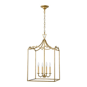 LightFixturesUSA - French Distressed Gold Candle Square Lantern Chandelier - Chandelier - 17.3 in - 