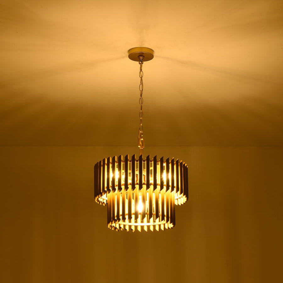 LightFixturesUSA - French Luxury Gold 2 - Tier Metal Drum Cage Chandelier - Chandelier - Brass - 