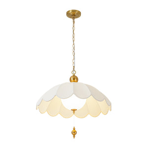 LightFixturesUSA-French Pleated Flower White Fabric Scalloped Cage Pendant-Chandelier-Brass-