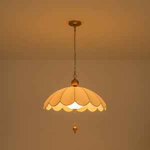 LightFixturesUSA-French Pleated Flower White Fabric Scalloped Cage Pendant-Chandelier-Brass-