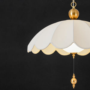 LightFixturesUSA-French Pleated Flower White Fabric Scalloped Cage Pendant-Chandelier-Brass-