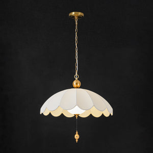LightFixturesUSA-French Pleated Flower White Fabric Scalloped Cage Pendant-Chandelier-Brass-