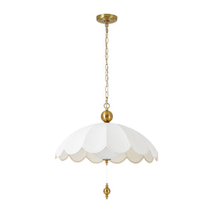 LightFixturesUSA-French Pleated Flower White Fabric Scalloped Cage Pendant-Chandelier-Brass-
