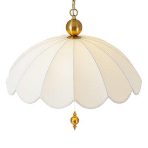 LightFixturesUSA-French Pleated Flower White Fabric Scalloped Cage Pendant-Chandelier-Brass-