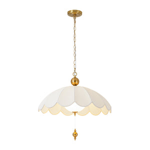 LightFixturesUSA-French Pleated Flower White Fabric Scalloped Cage Pendant-Chandelier-Brass-