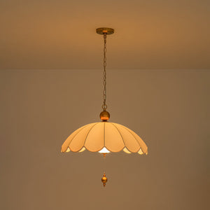 LightFixturesUSA-French Pleated Flower White Fabric Scalloped Cage Pendant-Chandelier-Brass-