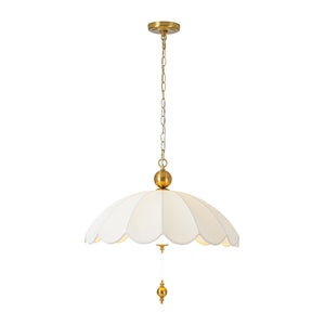 LightFixturesUSA-French Pleated Flower White Fabric Scalloped Cage Pendant-Chandelier-Brass-