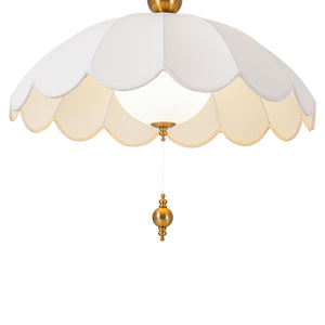 LightFixturesUSA-French Pleated Flower White Fabric Scalloped Cage Pendant-Chandelier-Brass-