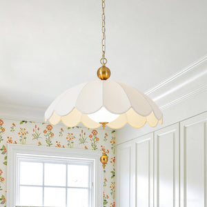 LightFixturesUSA-French Pleated Flower White Fabric Scalloped Cage Pendant-Chandelier-Brass-
