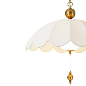 LightFixturesUSA-French Pleated Flower White Fabric Scalloped Cage Pendant-Chandelier-Brass-