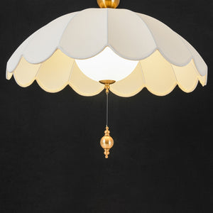 LightFixturesUSA-French Pleated Flower White Fabric Scalloped Cage Pendant-Chandelier-Brass-