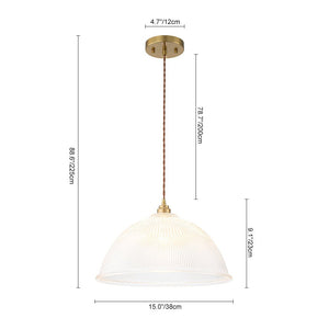 LightFixturesUSA - French Retro 1 - Light Clear Ribbed Glass Dome Pendant - Pendant Light - 15 in (Pre - Order & 2 - 3 Weeks) - 