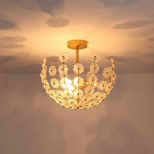 LightFixturesUSA - French Sculpture Brass Bloom Glass Floral Semi Flush Mount - Ceiling Light - Gold - 