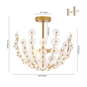 LightFixturesUSA - French Sculpture Brass Bloom Glass Floral Semi Flush Mount - Ceiling Light - Gold - 