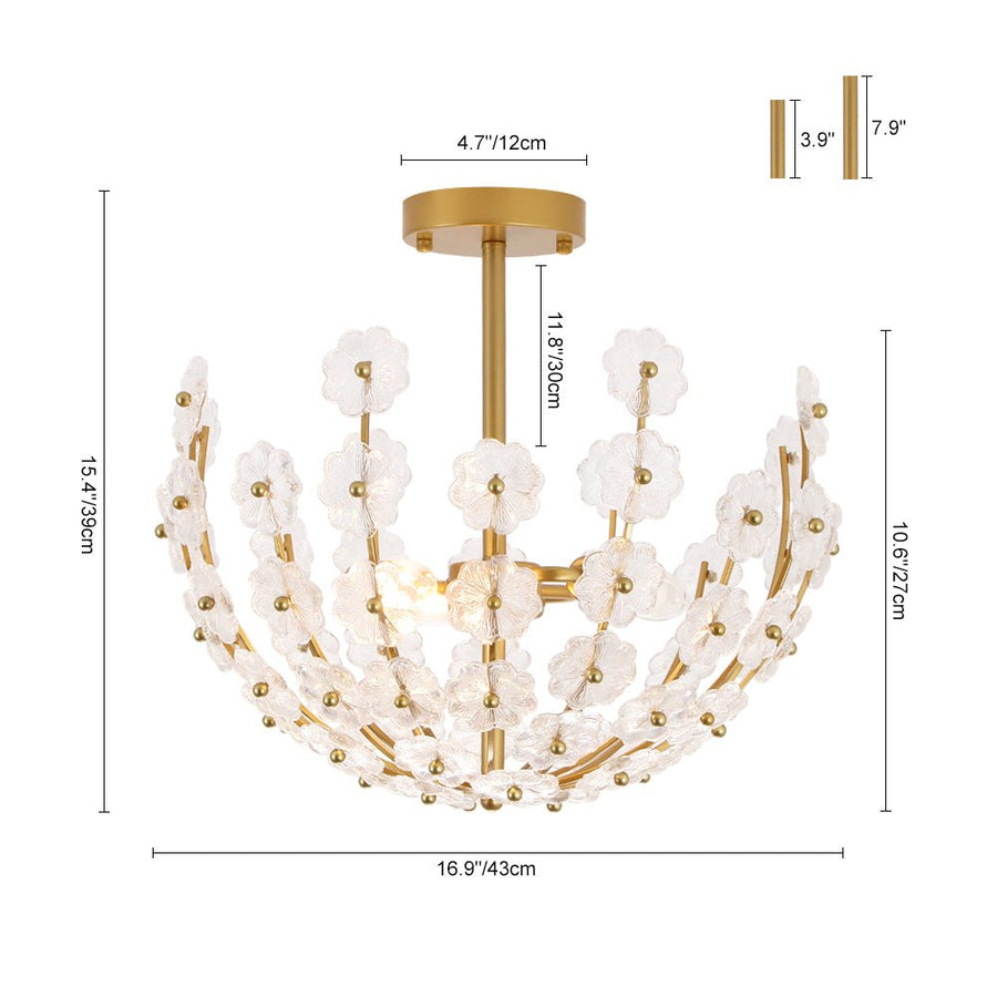 LightFixturesUSA - French Sculpture Brass Bloom Glass Floral Semi Flush Mount - Ceiling Light - Gold - 