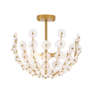 LightFixturesUSA - French Sculpture Brass Bloom Glass Floral Semi Flush Mount - Ceiling Light - Gold - 