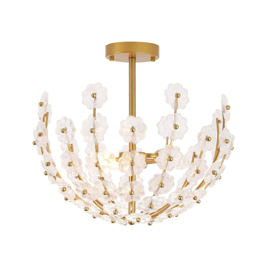 LightFixturesUSA - French Sculpture Brass Bloom Glass Floral Semi Flush Mount - Ceiling Light - Gold - 