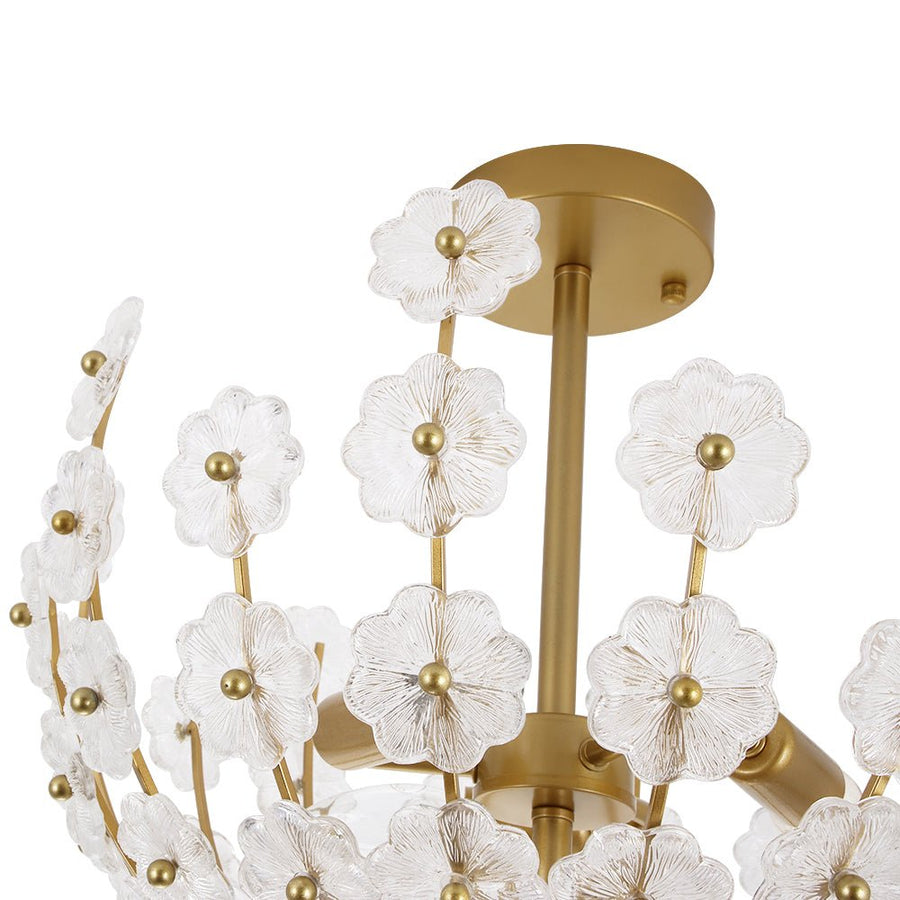 LightFixturesUSA - French Sculpture Brass Bloom Glass Floral Semi Flush Mount - Ceiling Light - Gold - 