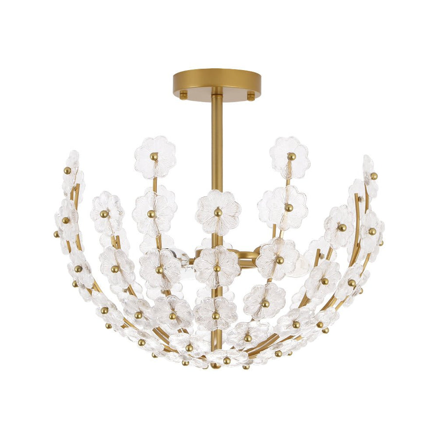 LightFixturesUSA - French Sculpture Brass Bloom Glass Floral Semi Flush Mount - Ceiling Light - Gold - 