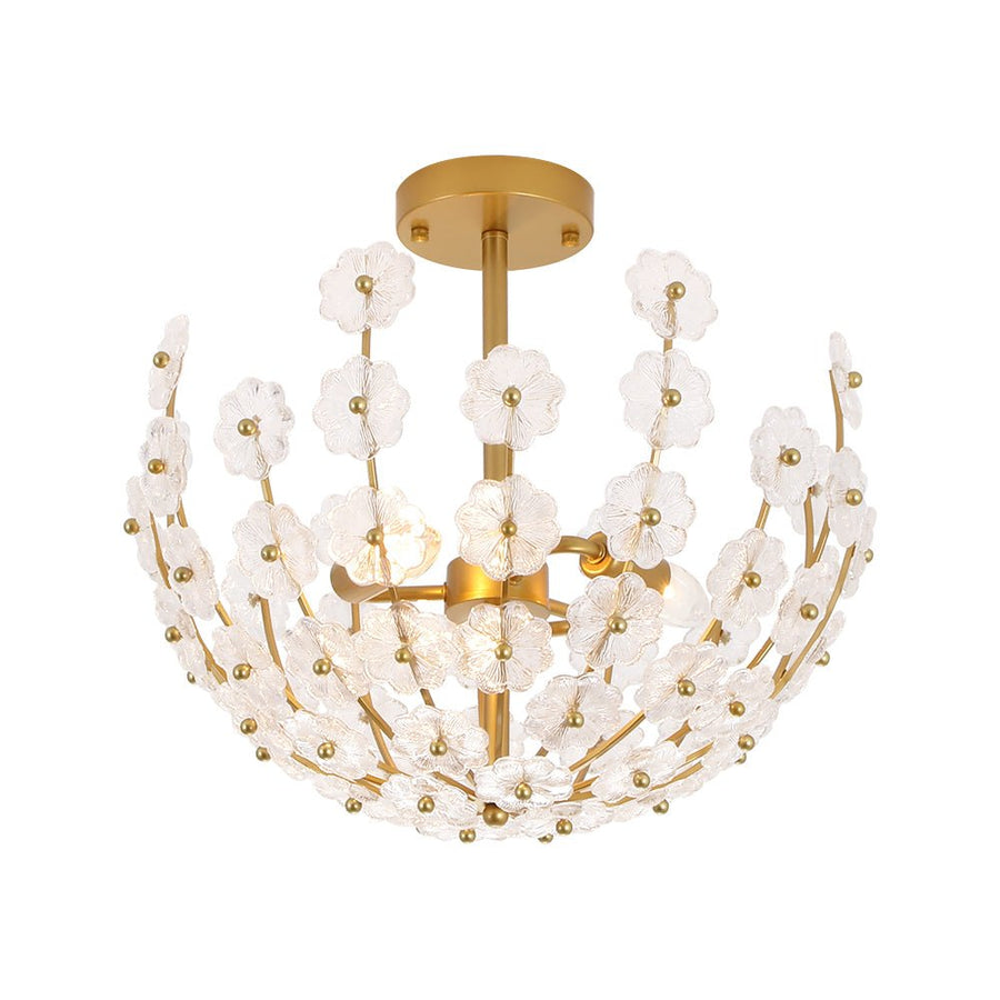 LightFixturesUSA - French Sculpture Brass Bloom Glass Floral Semi Flush Mount - Ceiling Light - Gold - 