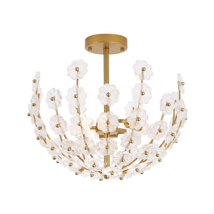 LightFixturesUSA - French Sculpture Brass Bloom Glass Floral Semi Flush Mount - Ceiling Light - Gold - 