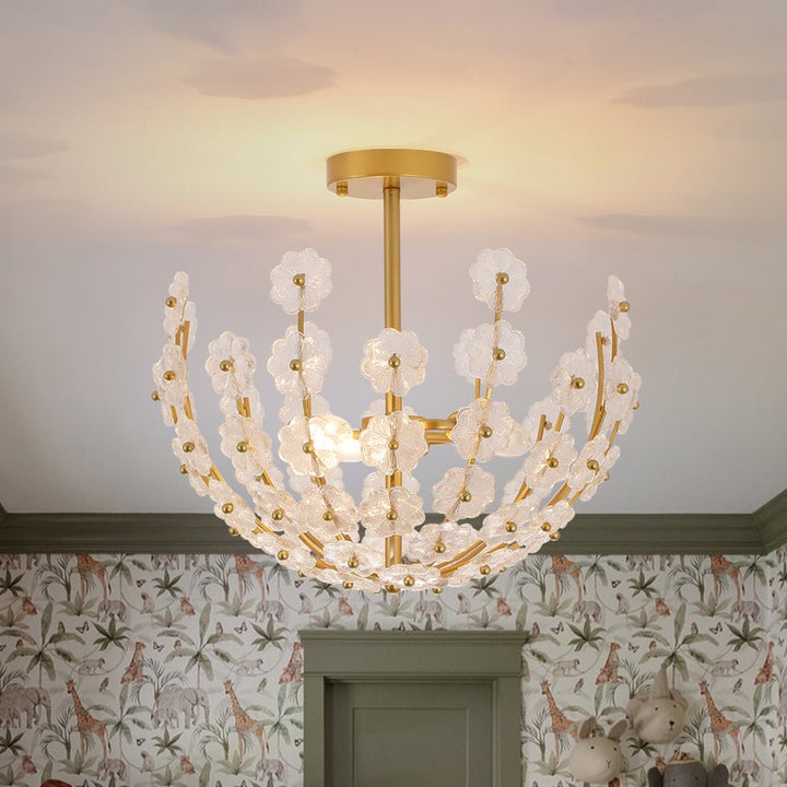 LightFixturesUSA - French Sculpture Brass Bloom Glass Floral Semi Flush Mount - Ceiling Light - Gold - 