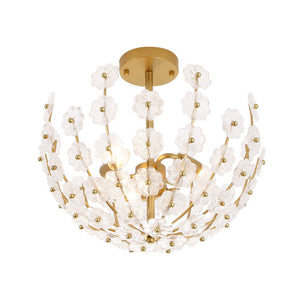 LightFixturesUSA - French Sculpture Brass Bloom Glass Floral Semi Flush Mount - Ceiling Light - Gold - 