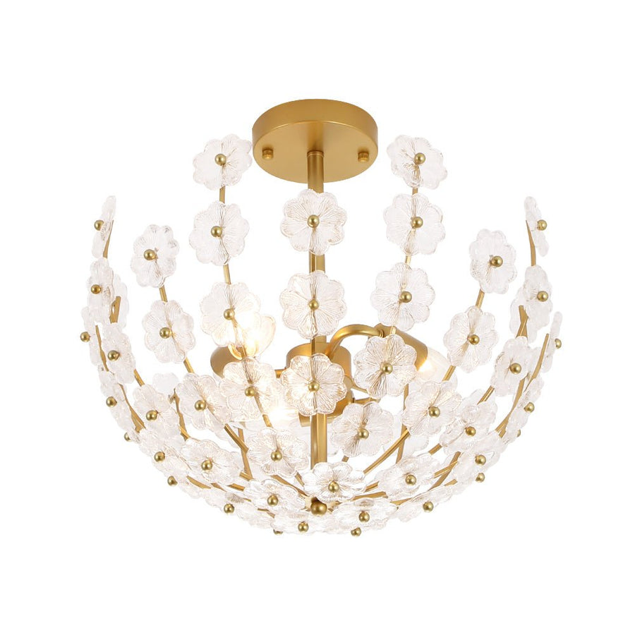 LightFixturesUSA - French Sculpture Brass Bloom Glass Floral Semi Flush Mount - Ceiling Light - Gold - 